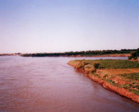 白ナイル(左)と青ナイル(右)の合流点。両方とも茶色い：スーダン共和国ハルツーム